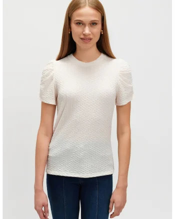Bluza texturata cu maneci scurte, Crem