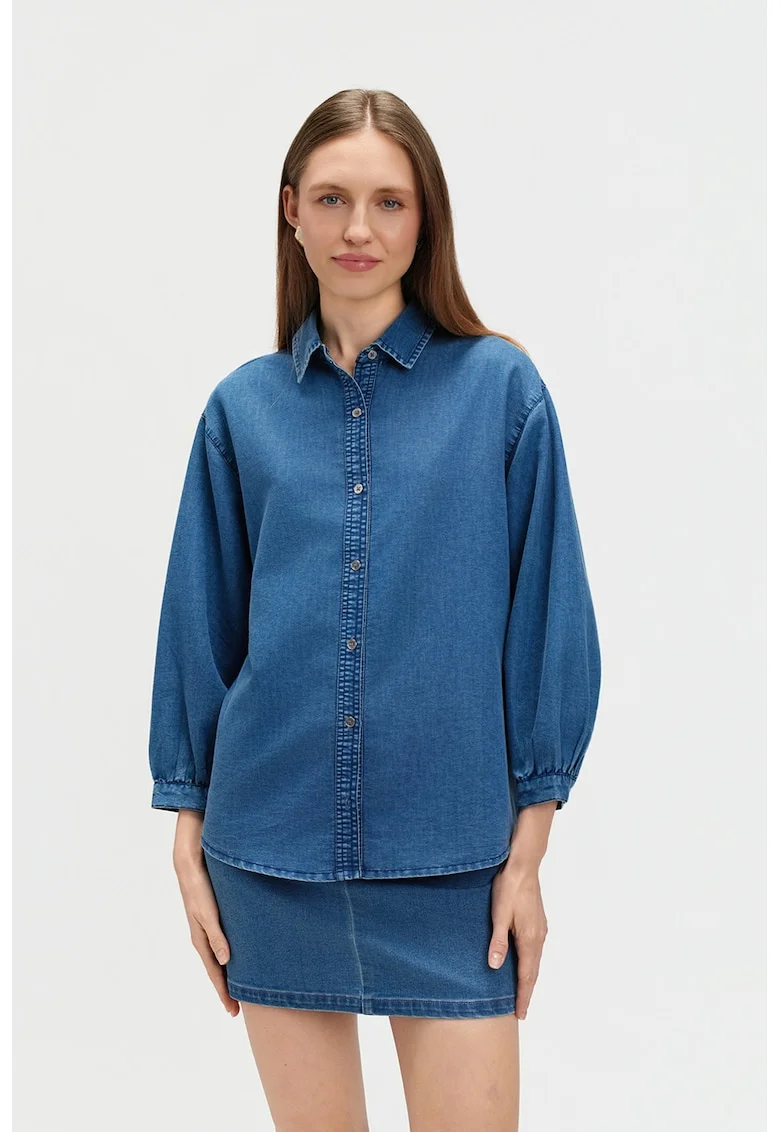 Camasa din chambray cu maneci 3/4, Albastru