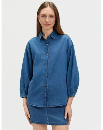 Camasa din chambray cu maneci 3/4, Albastru