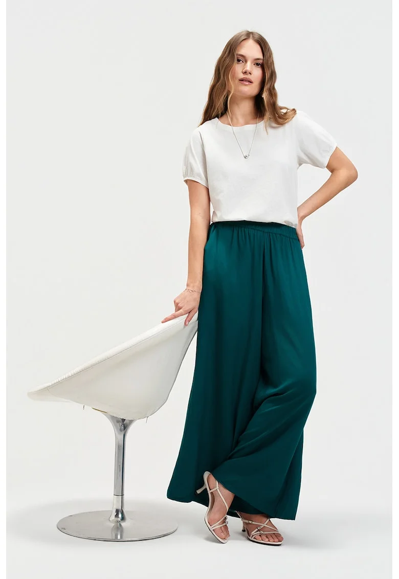 Pantaloni palazzo cu model uni, Albastru petrol
