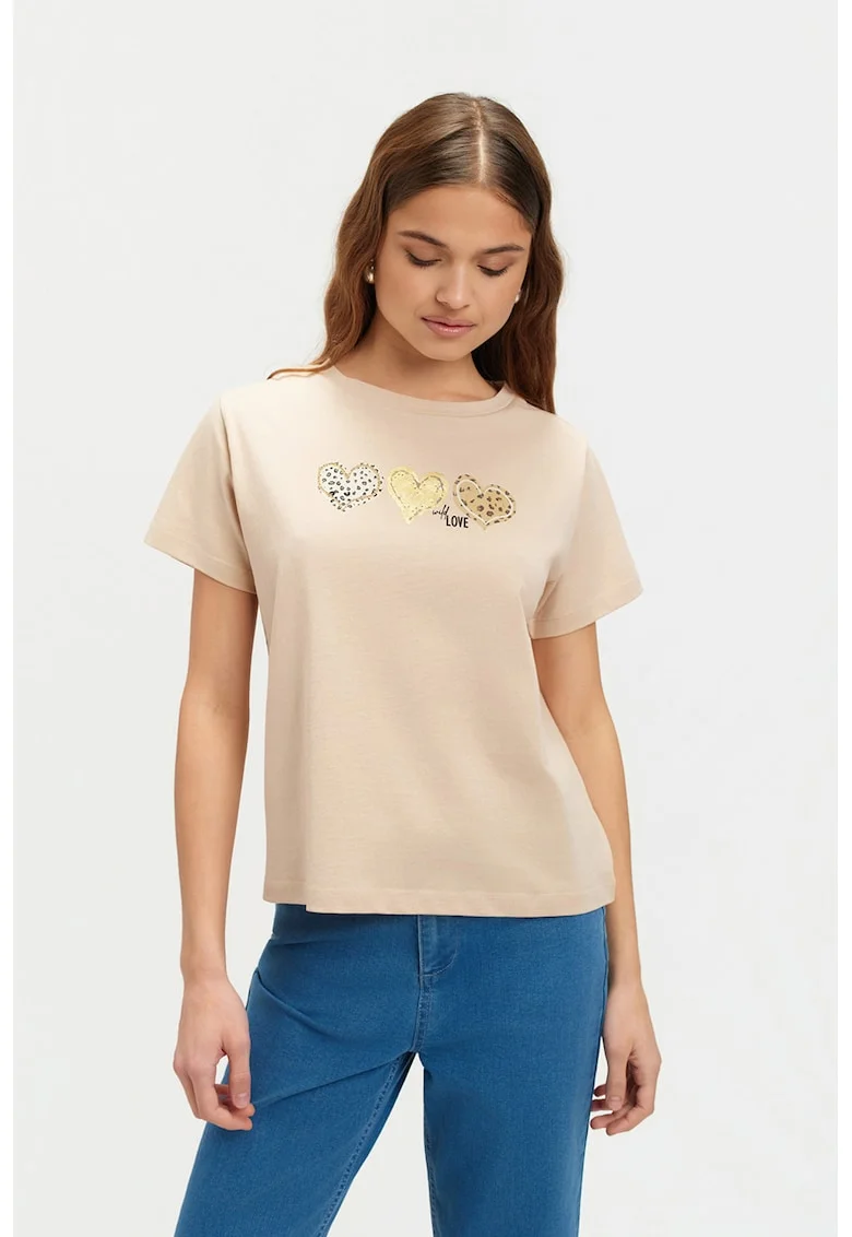 Tricou din bumbac cu imprimeu inima, Bej