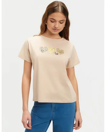 Tricou din bumbac cu imprimeu inima, Bej