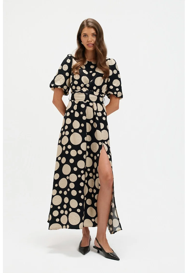 Rochie cu slit lateral si buline, Negru/Bej deschis