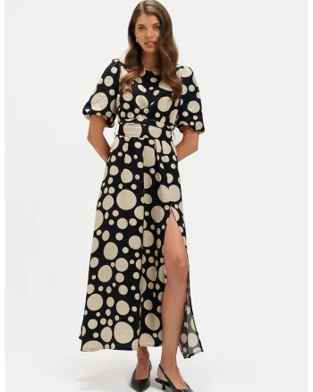 Rochie cu slit lateral si buline, Negru/Bej deschis