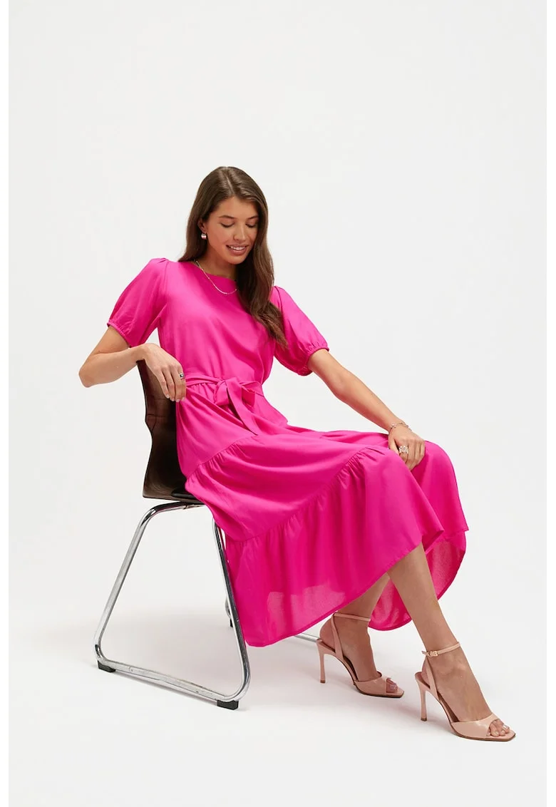 Rochie stratificata cu cordon in talie, Roz aprins
