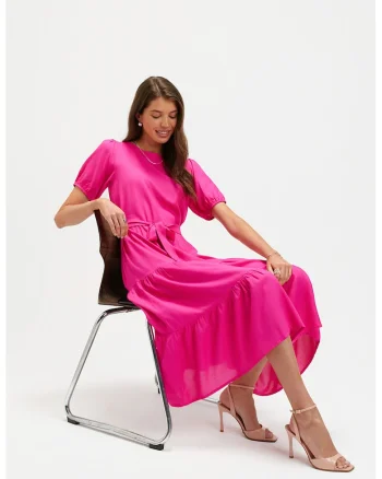 Rochie stratificata cu cordon in talie, Roz aprins