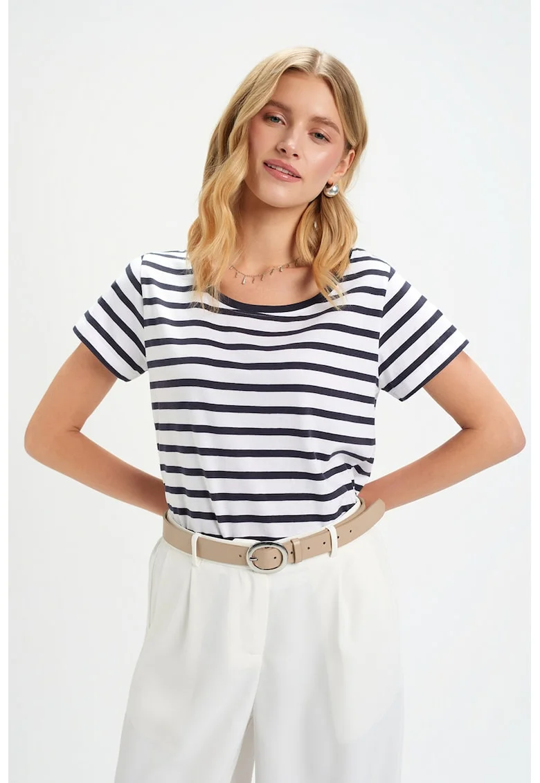 Tricou din bumbac cu dungi, Alb/Bleumarin