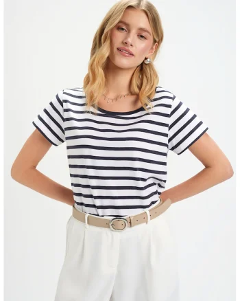 Tricou din bumbac cu dungi, Alb/Bleumarin
