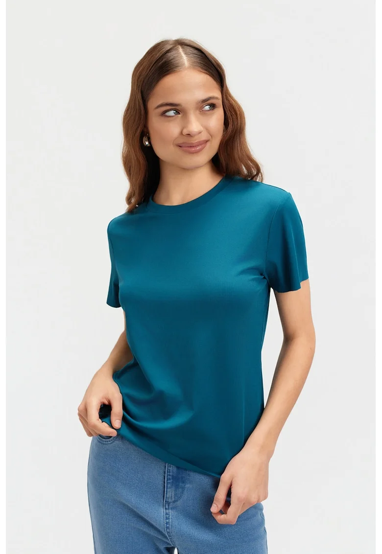 Tricou striat cu model uni, Albastru petrol