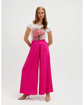 Pantaloni palazzo cu talie inalta, Roz aprins