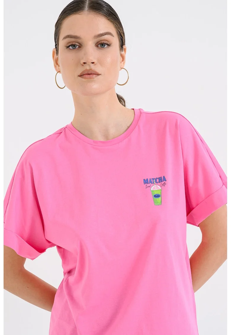 Tricou din bumbac organic si imprimeu grafic, Roz/Albastru