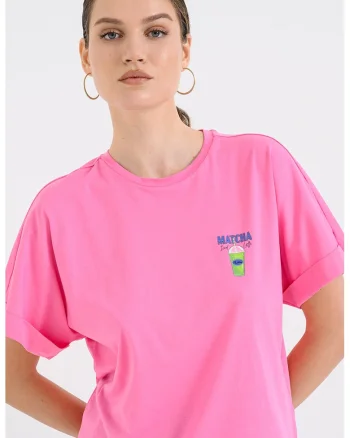 Tricou din bumbac organic si imprimeu grafic, Roz/Albastru