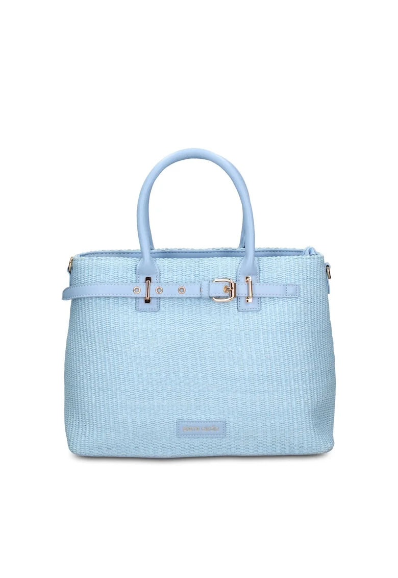 Geanta shopper din paie si piele Oriana, Albastru azur