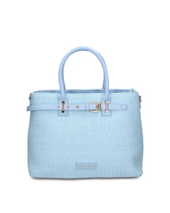 Geanta shopper din paie si piele Oriana, Albastru azur