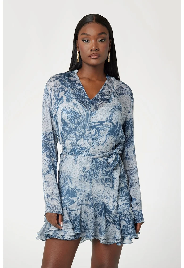 Rochie cu croiala in A, imprimeu si decolteu in V, Albastru lavanda/Transparent