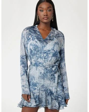 Rochie cu croiala in A, imprimeu si decolteu in V, Albastru lavanda/Transparent