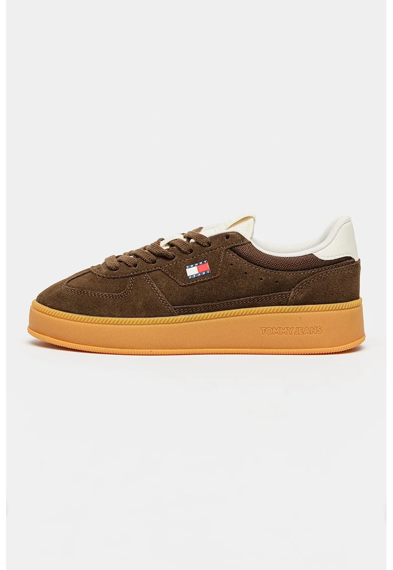 Pantofi sport din piele intoarsa cu talpa flatform, Maro inchis