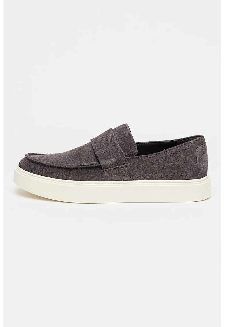 Pantofi loafer din piele intoarsa cu logo discret, Gri inchis