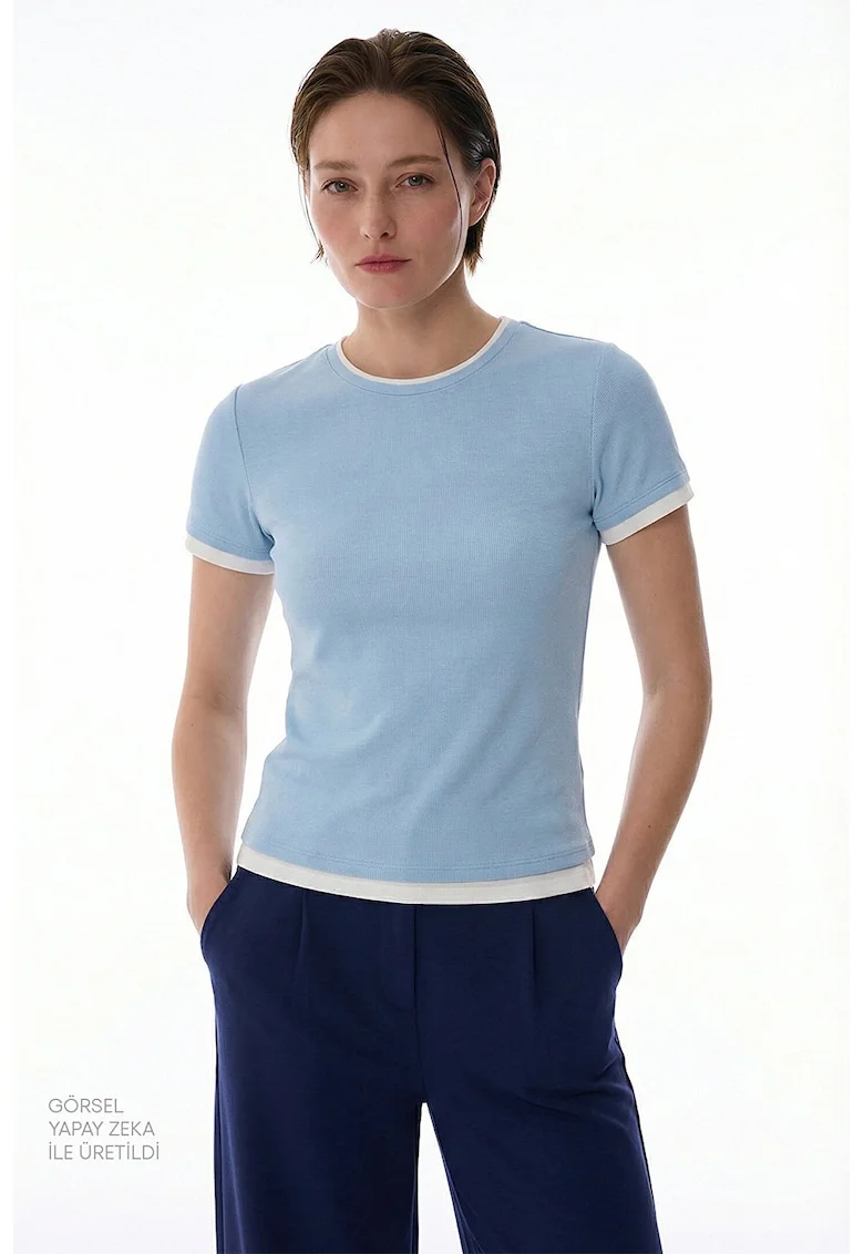 Tricou slim fit cu striatii, Alb, Albastru azur,