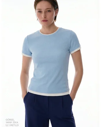 Tricou slim fit cu striatii, Alb, Albastru azur,