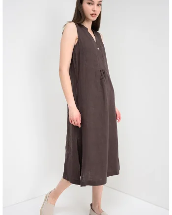Rochie midi din in, Maro inchis