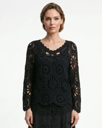 Bluza de vara cu broderie din bumbac, croi lejer, neagra