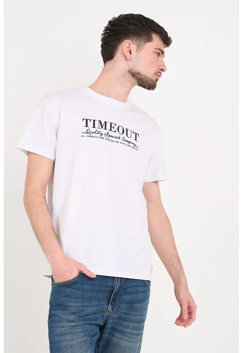 Tricou cu decolteu la baza gatului si imprimeu logo, Alb/Negru