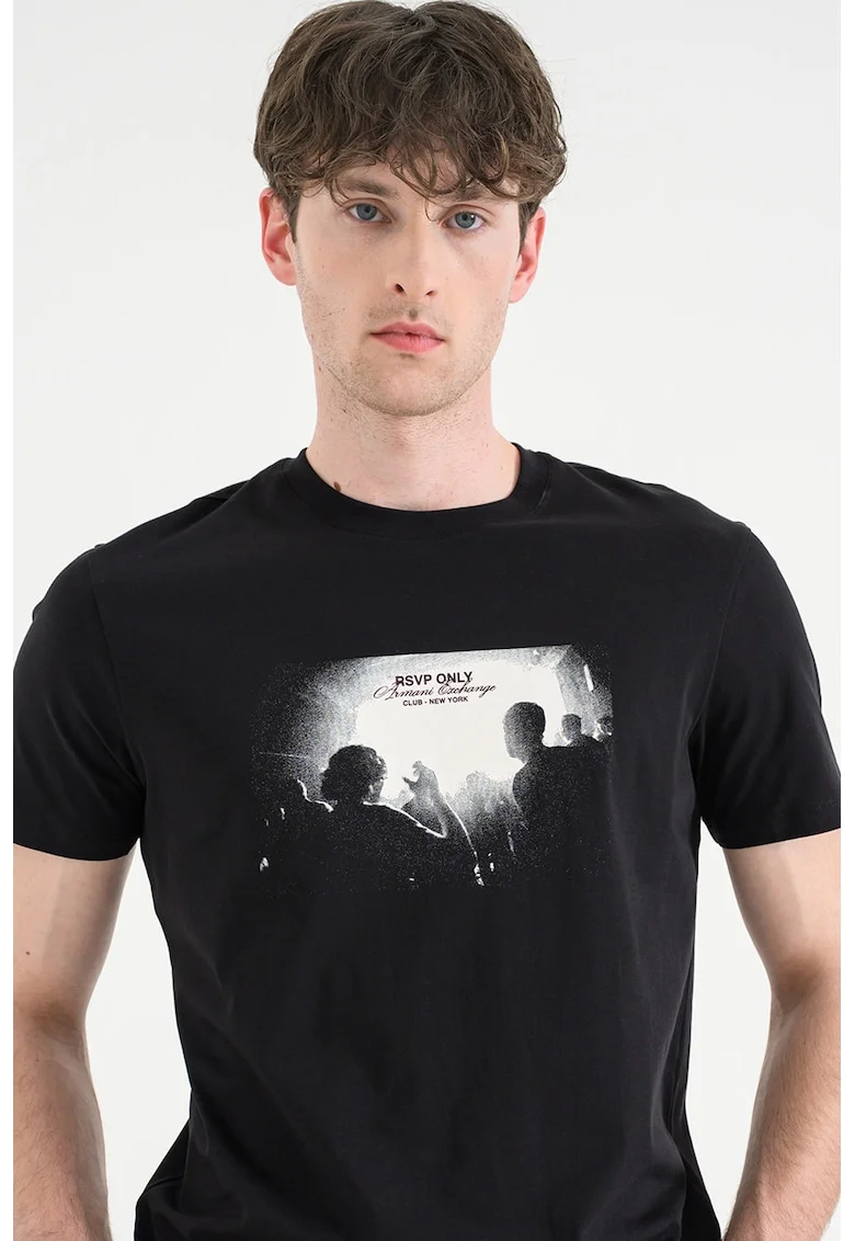 Tricou de bumbac cu imprimeu grafic, Negru/Alb murdar