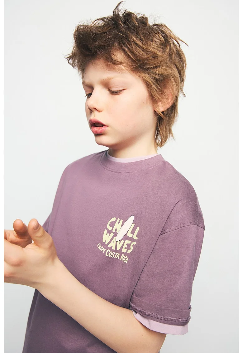 Tricou cu imprimeu si maneci cazute, Albastru prafuit/Galben pai/Violet prafuit