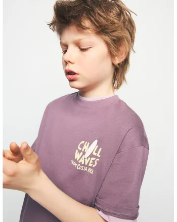 Tricou cu imprimeu si maneci cazute, Albastru prafuit/Galben pai/Violet prafuit