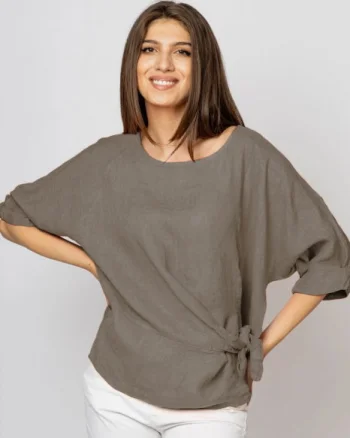 Bluza din in bej inchis, masura mare cu nod pe talie