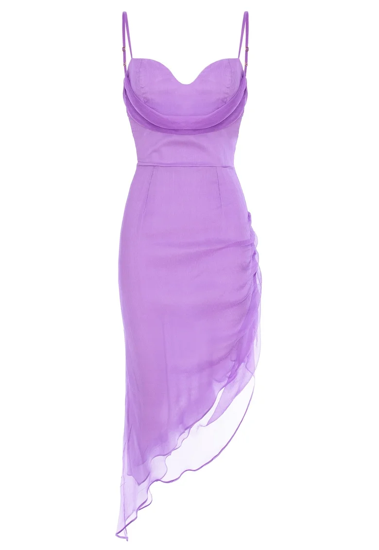 Rochie midi asimetrica din matase cu bretele si fronseu lateral, Lila