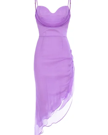 Rochie midi asimetrica din matase cu bretele si fronseu lateral, Lila