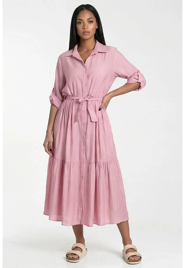 Rochie maxi  roz, croiala evazata, guler clasic,