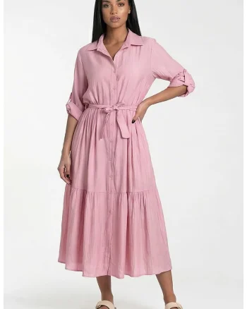 Rochie maxi  roz, croiala evazata, guler clasic,