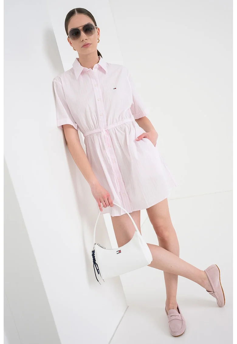 Rochie-camasa mini cu model in dungi, Alb murdar/Roz pal