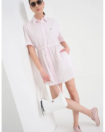Rochie-camasa mini cu model in dungi, Alb murdar/Roz pal