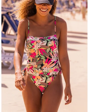 Costum de baie intreg cu model tropical, Verde/Roz