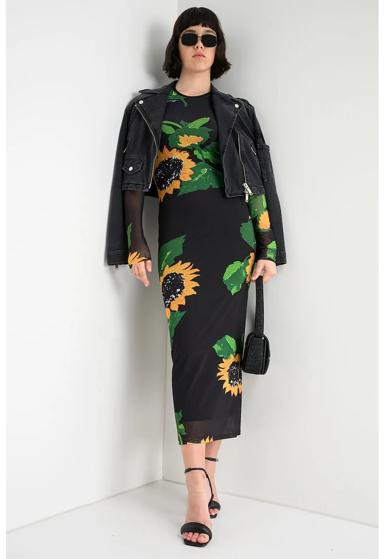 Rochie cambrata cu model floral si strat exterior de plasa, Verde/Negru/Galben
