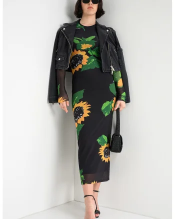 Rochie cambrata cu model floral si strat exterior de plasa, Verde/Negru/Galben