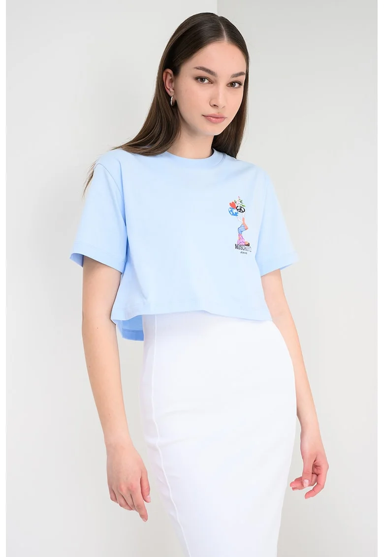 Tricou crop cu decolteu la baza gatului, Rosu/Albastru pal/Lila