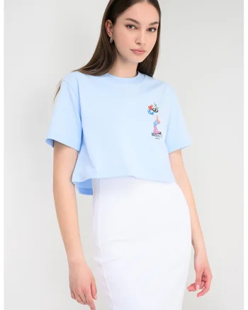 Tricou crop cu decolteu la baza gatului, Rosu/Albastru pal/Lila
