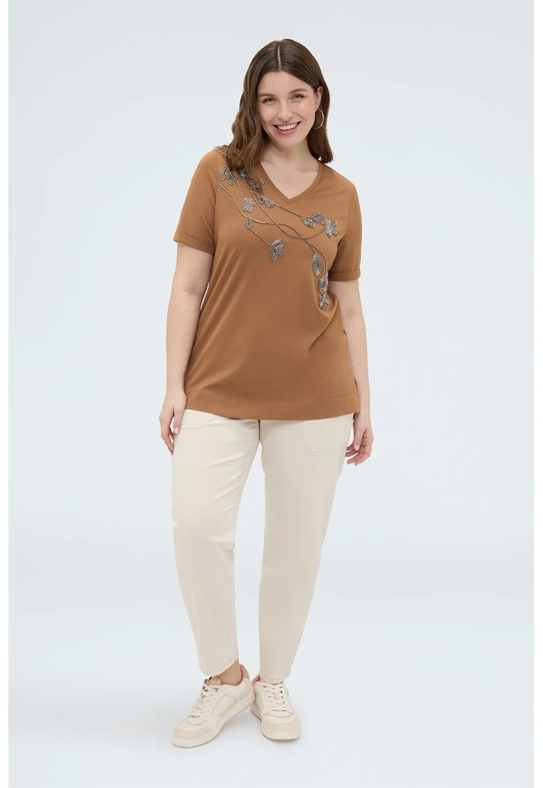 Tricou cu decolteuin V si design floral, Maro