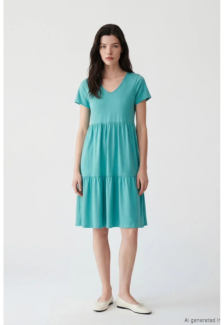 Rochie evazata din bumbac cu model uni, Turcoaz inchis