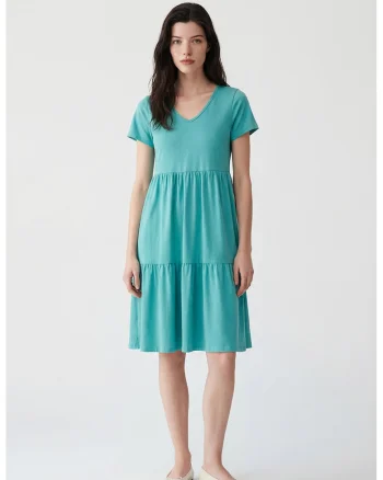 Rochie evazata din bumbac cu model uni, Turcoaz inchis