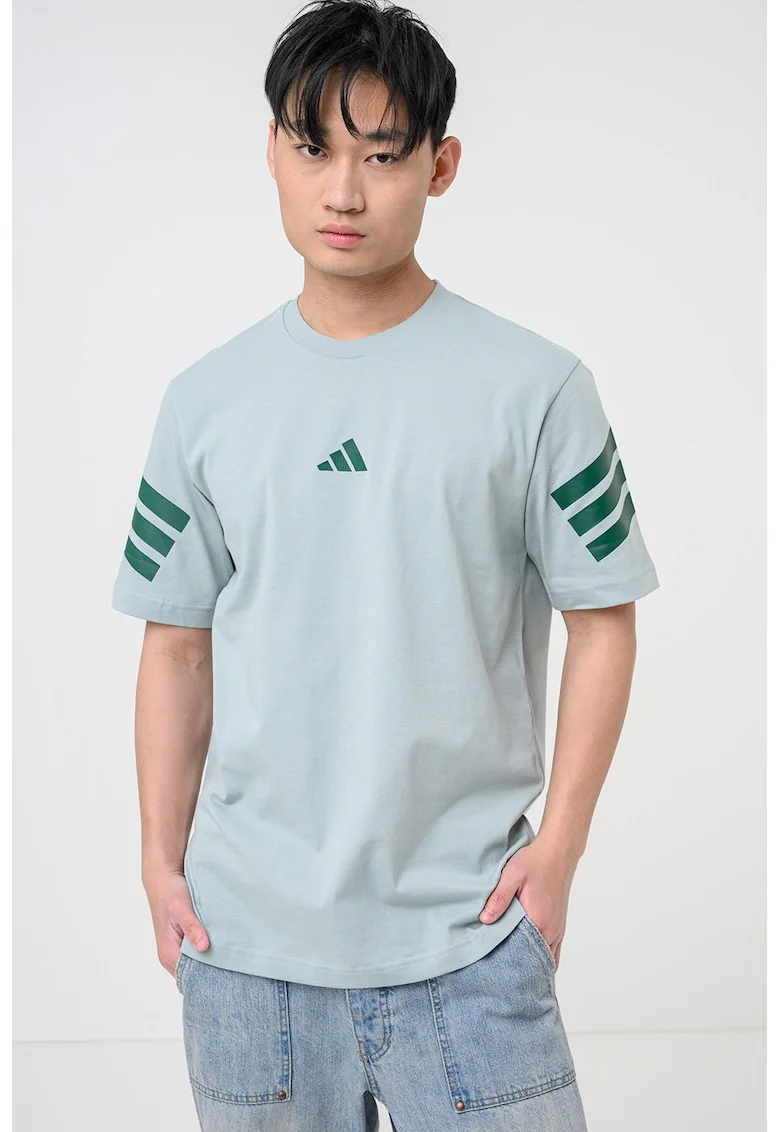Tricou de bumbac cu decolteu la baza gatului si logo, Verde deschis