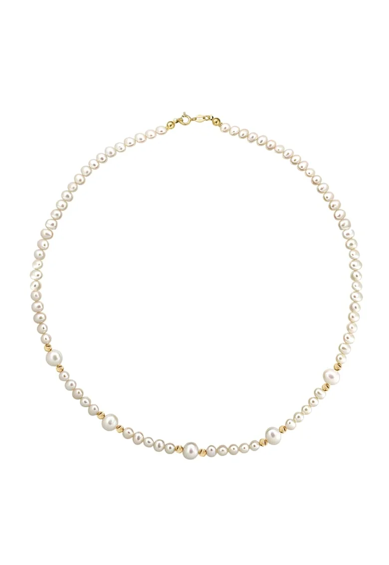 Colier Aur 585 - 14K cu perle de cultura albe 5+6 mm si 10 bile aur, inchizatoare clasica, 38-39 cm