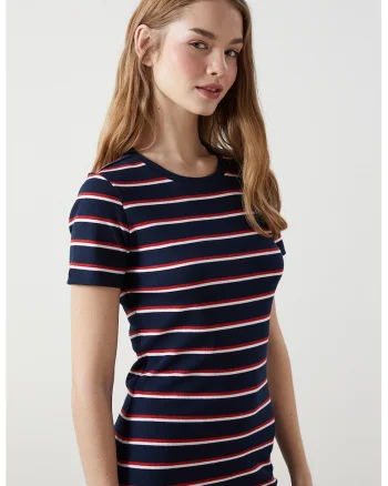 Rochie midi cu croiala cambrata si model in dungi, Rosu/Bleumarin