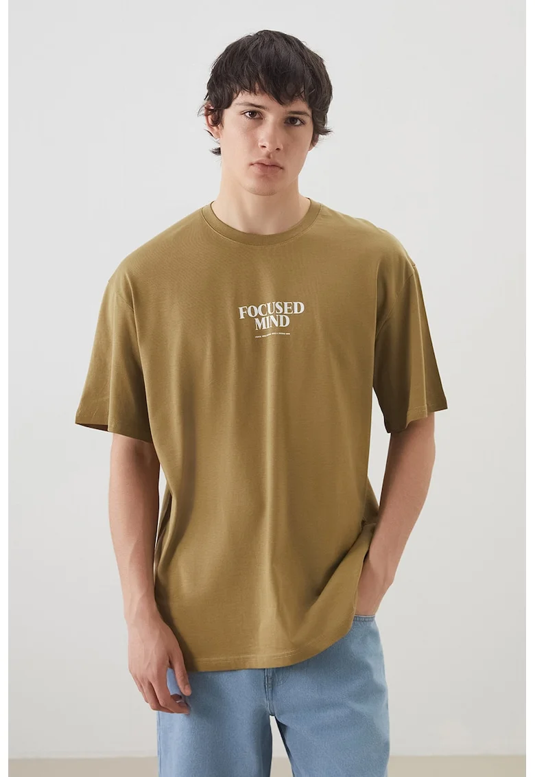 Tricou lejer din bumbac cu imprimeu text, Kaki