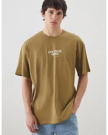 Tricou lejer din bumbac cu imprimeu text, Kaki